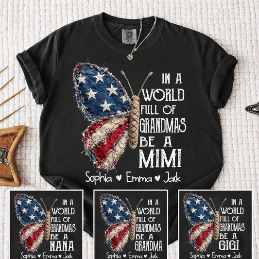 Comfort Colors Personalized Mimi Shirt – "In a World Full of Grandmas, Be a Mimi" Butterfly Design with Custom Family Names