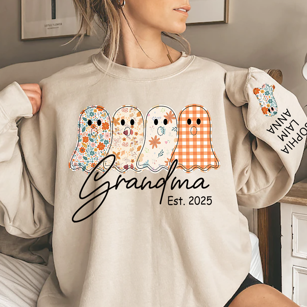 Personalized Fall Ghost sweatshirt, Custom Kids name on sleeve, For Gift Grandma