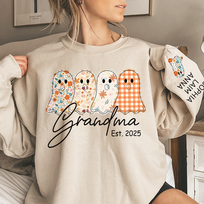 Personalized Fall Ghost sweatshirt, Custom Kids name on sleeve, For Gift Grandma