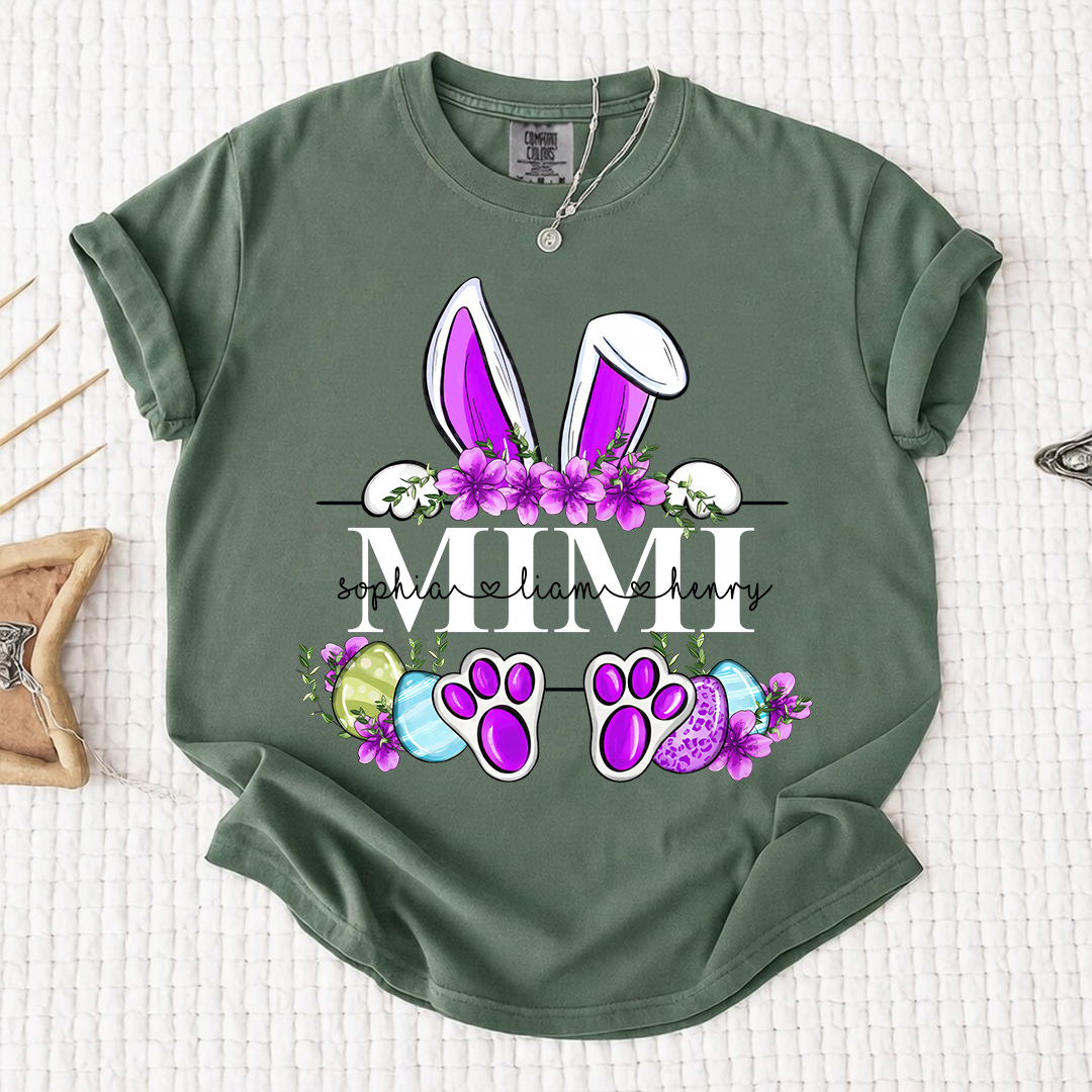 Comfort Colors Personalized Easter Bunny T-shirt | Custom Name Design for Mimi, Grandma, & Mom | Floral Easter Shirt with Bunny Ears and Paw Prints