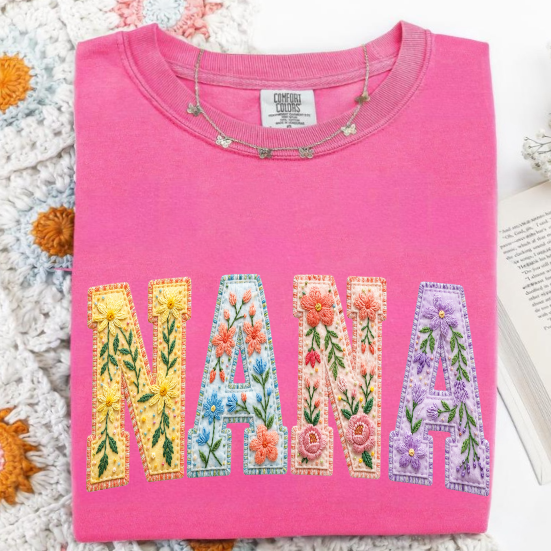 Personalized Nana Shirt Floral Embroidery Design Custom Grandma Mimi Gigi Name Tee with Grandkids Names Vibrant Flower Pattern Family Gift for Women