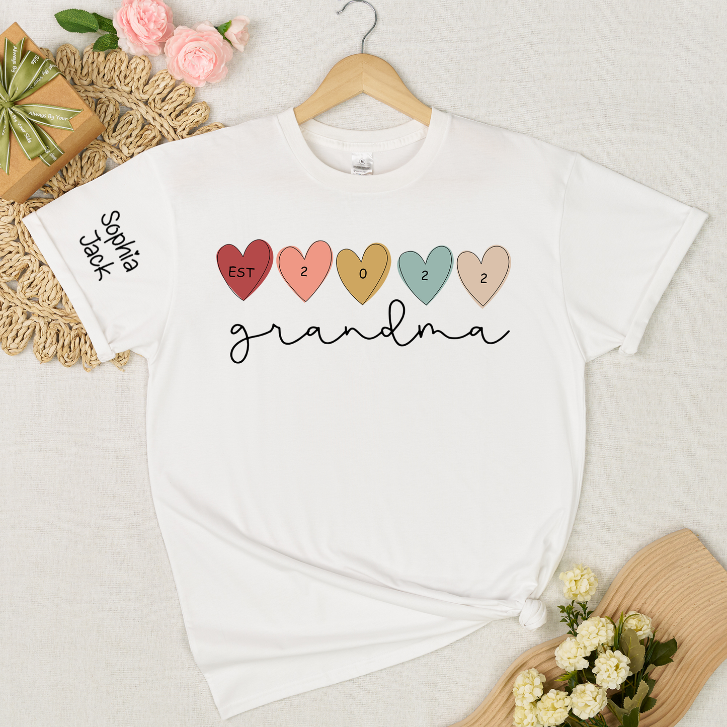 Personalized Grandma Est 2022 Shirt with Custom Grandkids Names on Sleeve, Colorful Heart Graphic T Shirt for Women, Meaningful Family Gift for Grandma from Kids