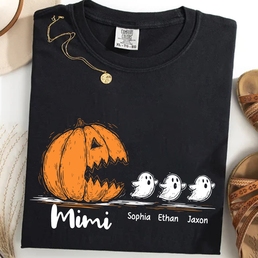 Personalized Mimi Halloween Shirt with Pumpkin and Ghosts – Custom Grandkids Names Tee