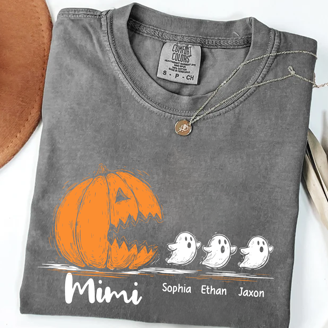 Personalized Mimi Halloween Shirt with Pumpkin and Ghosts – Custom Grandkids Names Tee