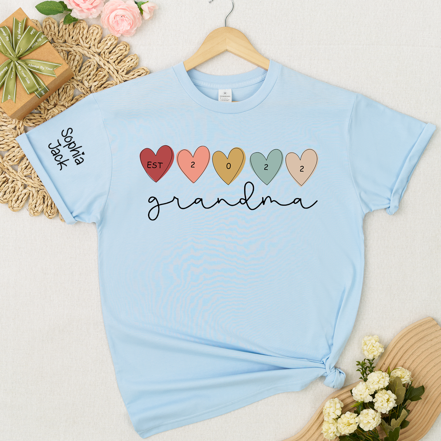 Personalized Grandma Est 2022 Shirt with Custom Grandkids Names on Sleeve, Colorful Heart Graphic T Shirt for Women, Meaningful Family Gift for Grandma from Kids