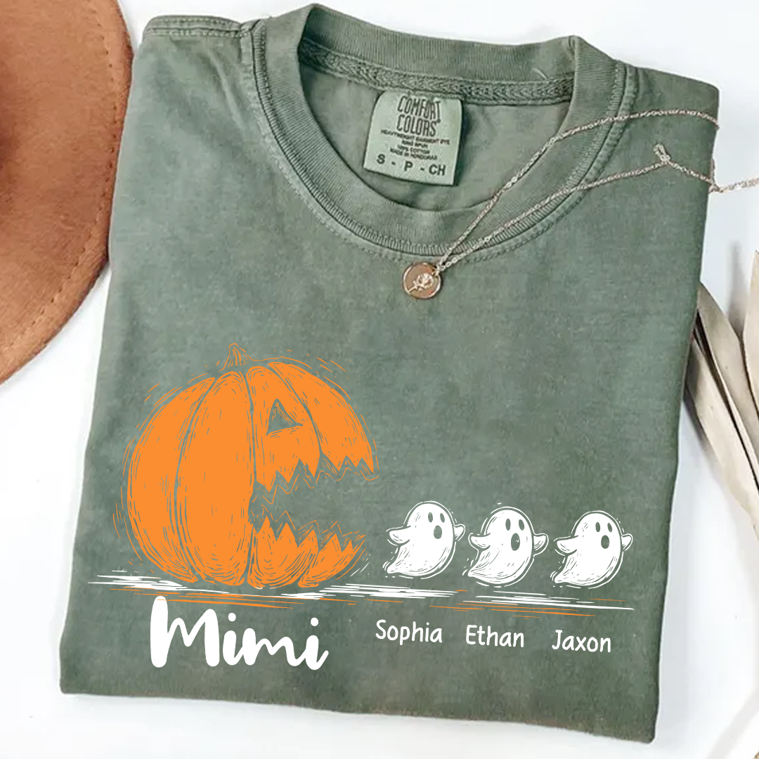 Personalized Mimi Halloween Shirt with Pumpkin and Ghosts – Custom Grandkids Names Tee