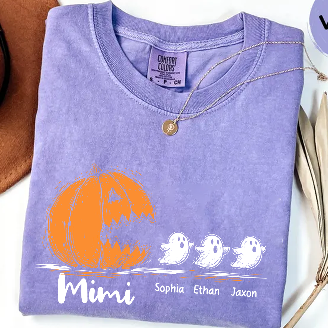 Personalized Mimi Halloween Shirt with Pumpkin and Ghosts – Custom Grandkids Names Tee