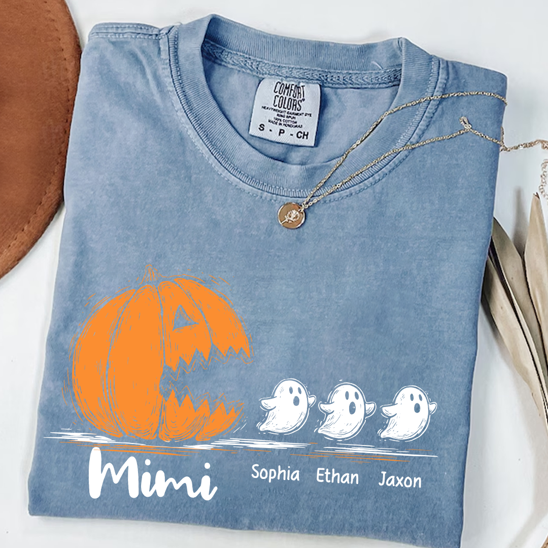 Personalized Mimi Halloween Shirt with Pumpkin and Ghosts – Custom Grandkids Names Tee