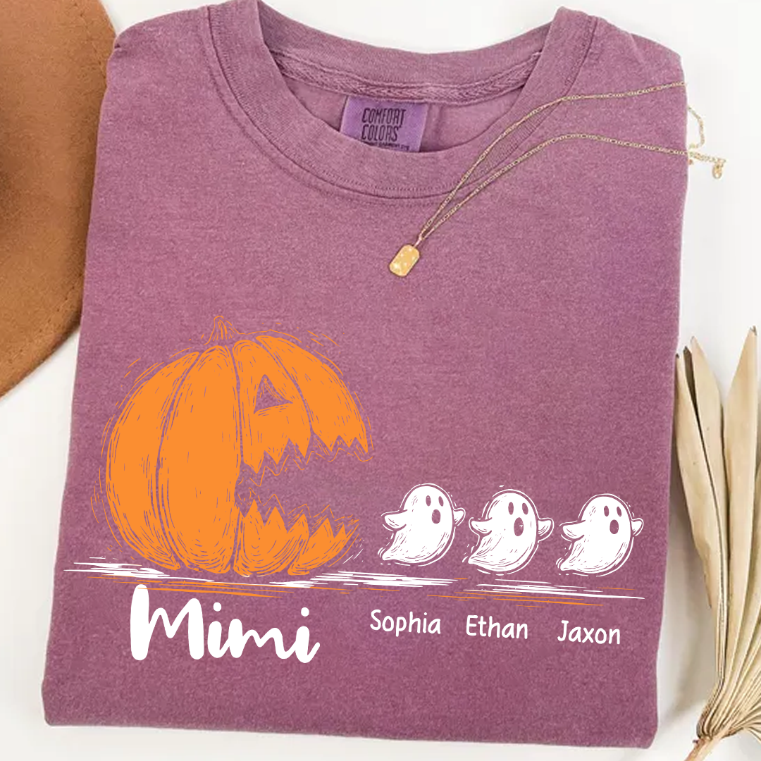 Personalized Mimi Halloween Shirt with Pumpkin and Ghosts – Custom Grandkids Names Tee
