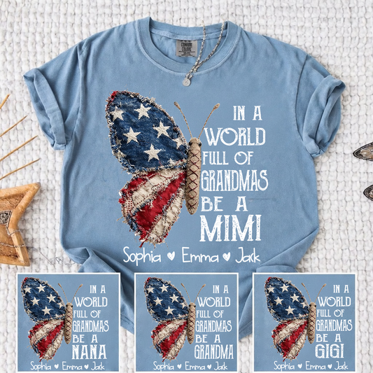 Comfort Colors Personalized Mimi Shirt – "In a World Full of Grandmas, Be a Mimi" Butterfly Design with Custom Family Names