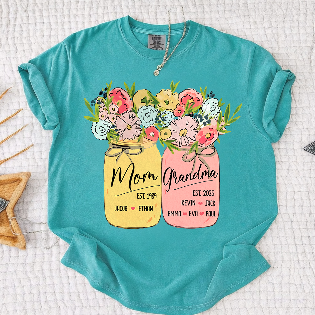 Personalized Mom Grandma Shirt Birth Flower Mason Jar Design Custom Nana Mimi Gigi Name Tee with Kids Names Meaningful Family Keepsake Gift for Women