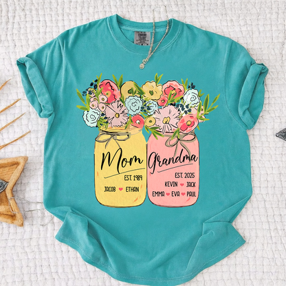 Personalized Mom Grandma Shirt Birth Flower Mason Jar Design Custom Nana Mimi Gigi Name Tee with Kids Names Meaningful Family Keepsake Gift for Women