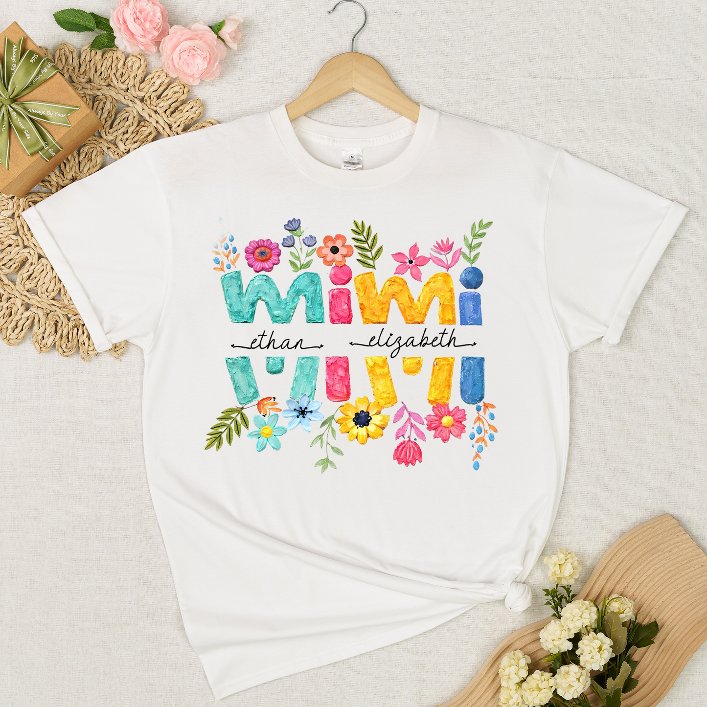 Personalized Mimi Shirt Custom Grandkids Names Floral Letter Graphic Tee Women Family Love Colorful Spring Casual Outfit Top