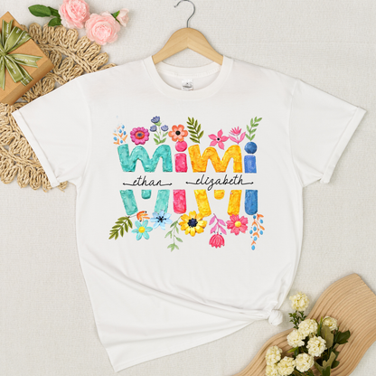Personalized Mimi Shirt Custom Grandkids Names Floral Letter Graphic Tee Women Family Love Colorful Spring Casual Outfit Top