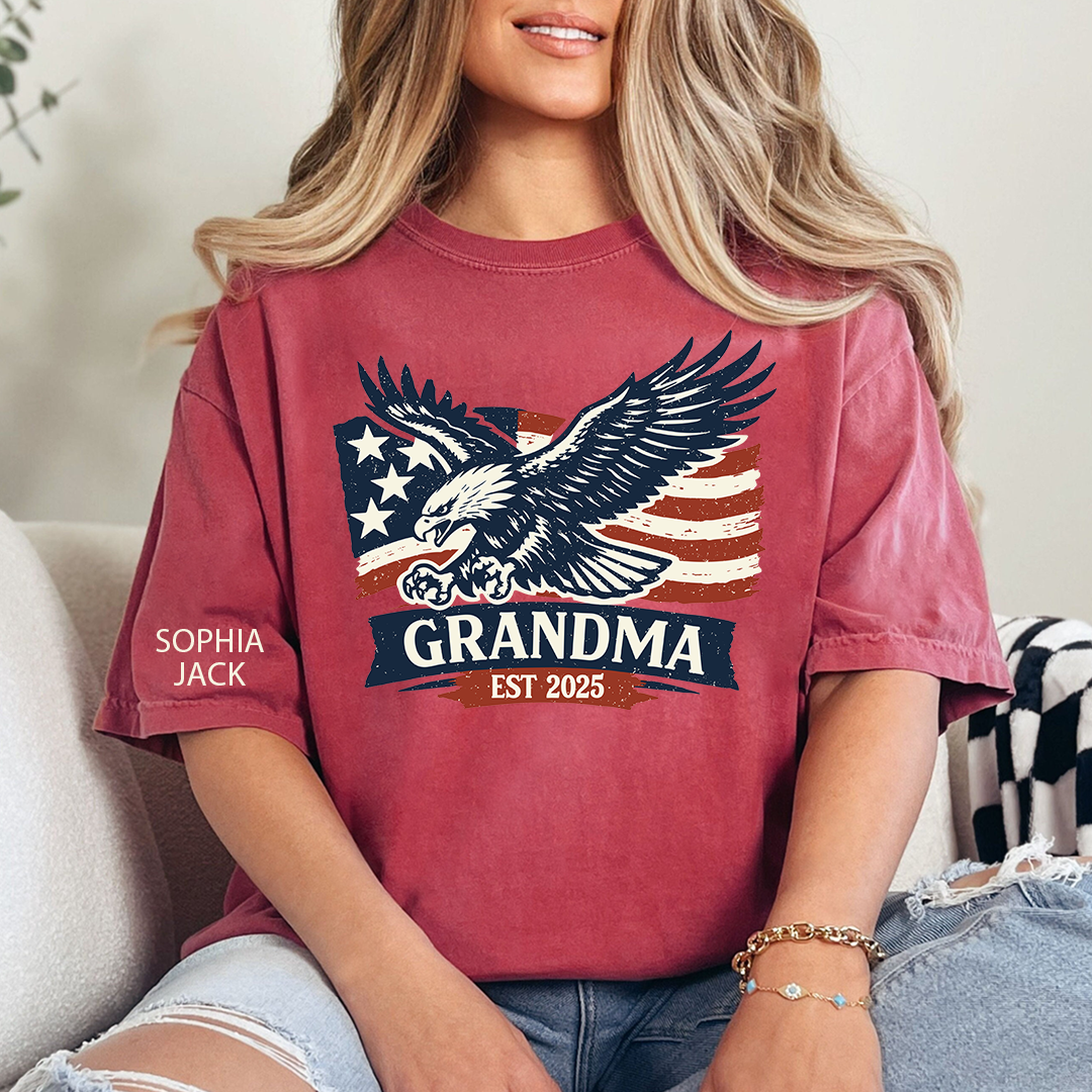 Personalized Grandma Shirt Patriotic Eagle and American Flag Design Custom Mimi Nana Gigi Name Tee EST. 2025 Family Gift for Her