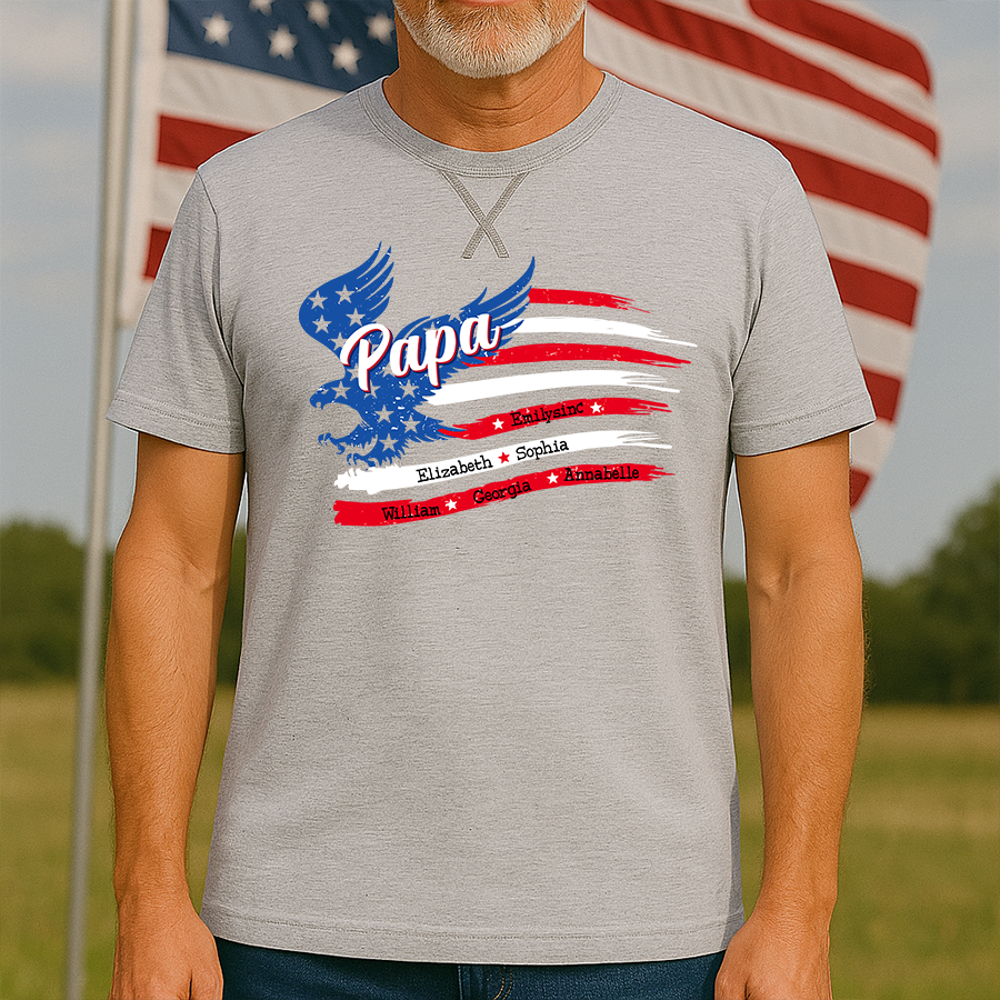 Papa With Grandkids Names 4th Of July Classic X-Stitch Tee
