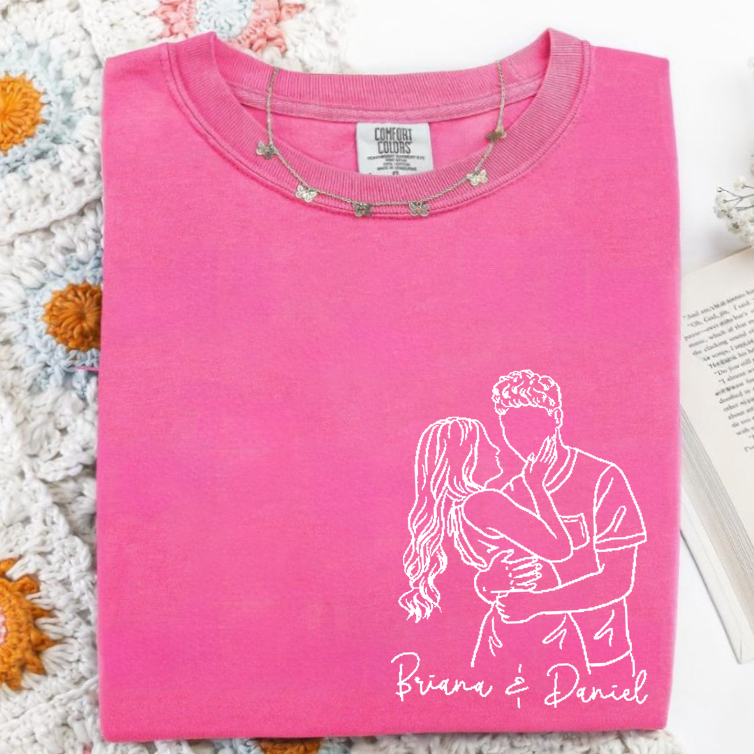 Custom Couple Line Art Comfort Colors Shirt, Personalized Photo Outline Portrait T Shirt, Matching Couple Shirt, Minimal Drawing Love Design