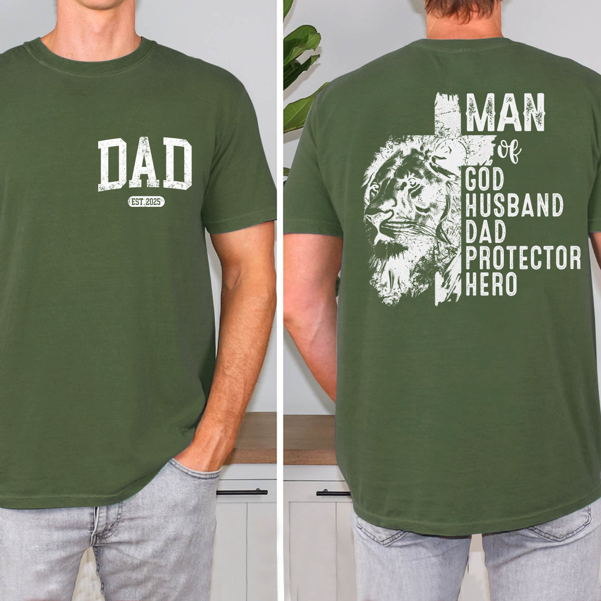 Men of God Husband Dad Protector Hero Lion T-Shirt, Custom Father's Day Gift for Dad, EST 2025