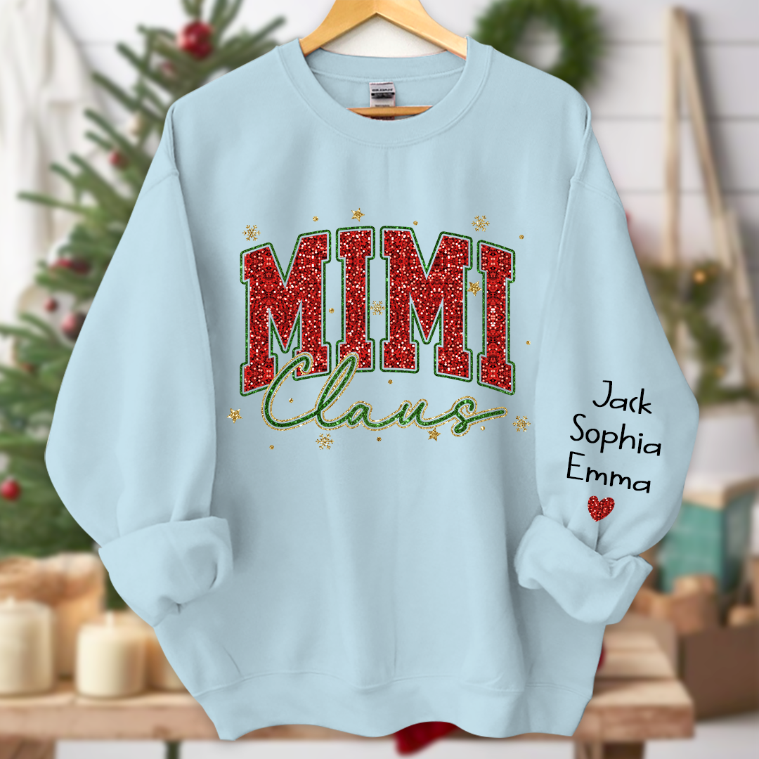 Personalized Mimi Claus Glitter Sweatshirt - Custom Christmas Sweater with Grandkids' Names - Festive Holiday Apparel for Grandmas