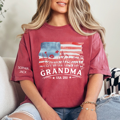 Personalized Grandma Shirt Patriotic USA Flag Wildflower Design Custom Nana Mimi Gigi Name Tee U.S. 250th Anniversary 4th of July Family Outfit