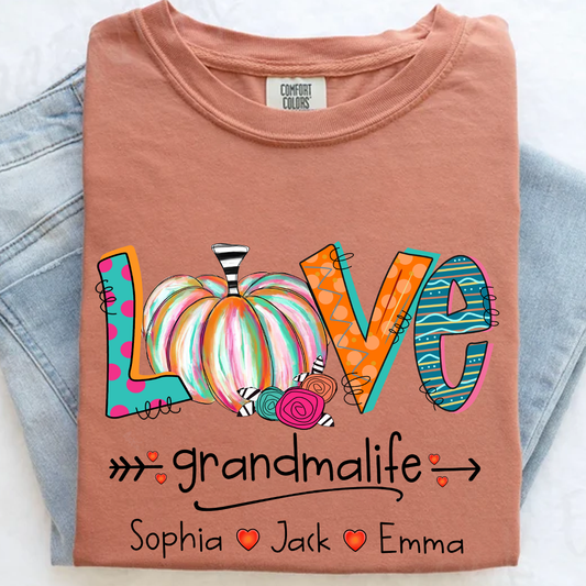 Comfort Colors® Grandma Life Pumpkin Shirt with Grandkids Names – Fall Personalized Gift for Nana, Gigi