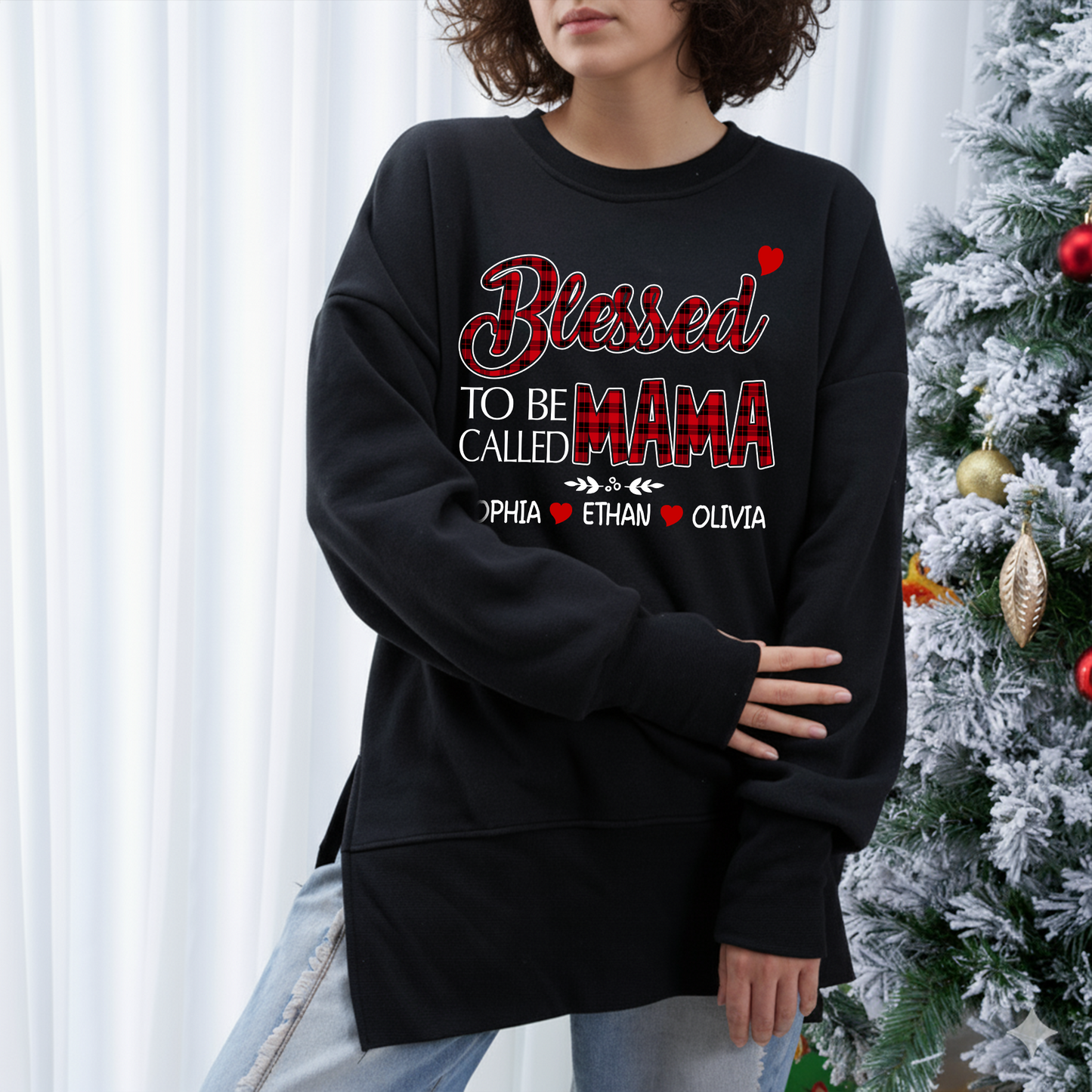 Blessed To Be Called Mama Sweatshirt – Personalized Oversized Pullover with Kids’ Names, Cozy Thumbhole Long Sleeve for Moms