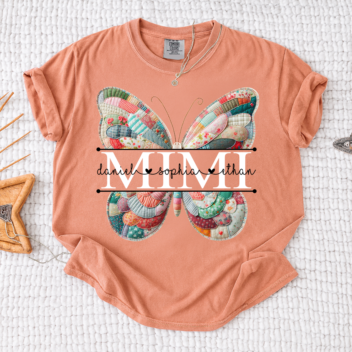 Custom Mimi T Shirt with Butterfly Patchwork Graphic, Personalized Family Names Tee