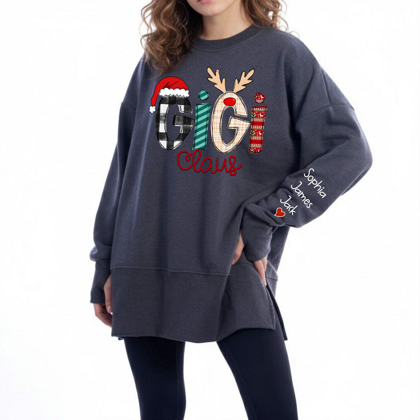 Personalized Gigi Claus Oversized Sweatshirt for Christmas – Custom Name Sleeve, Cozy Thumbhole Long Sleeve Holiday Pullover for Proud Gigi
