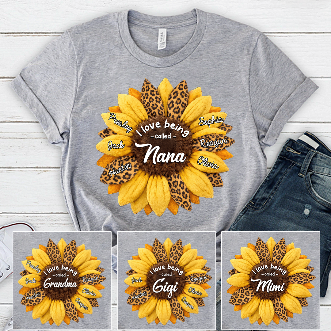 Custom Grandma Shirt, Personalized Sunflower Leopard Print Tee with Kids' Numbers, Gift for Grandma