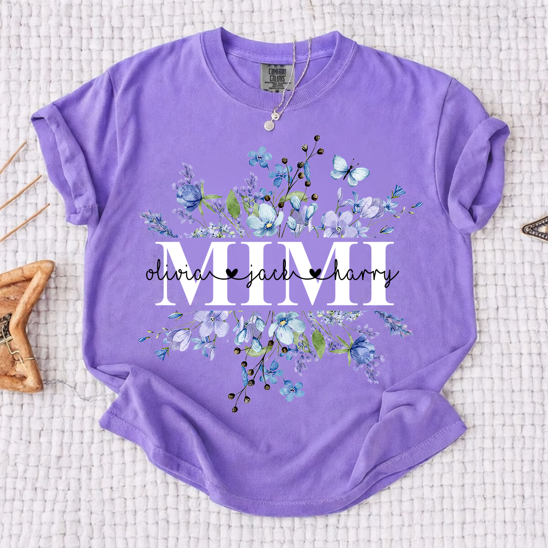 Comfort Colors Personalized Mimi Shirt Blue Wildflower Design Custom Grandma Nana Gigi Name Tee with Grandkids Names Elegant Family Outfit for Women