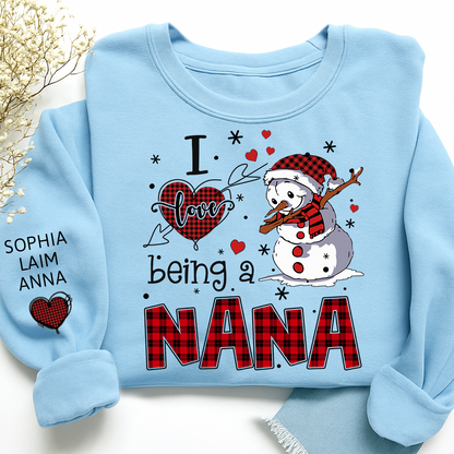 I Love Being a Nana Sweatshirt, Personalized Christmas Snowman Shirt with Kids Names