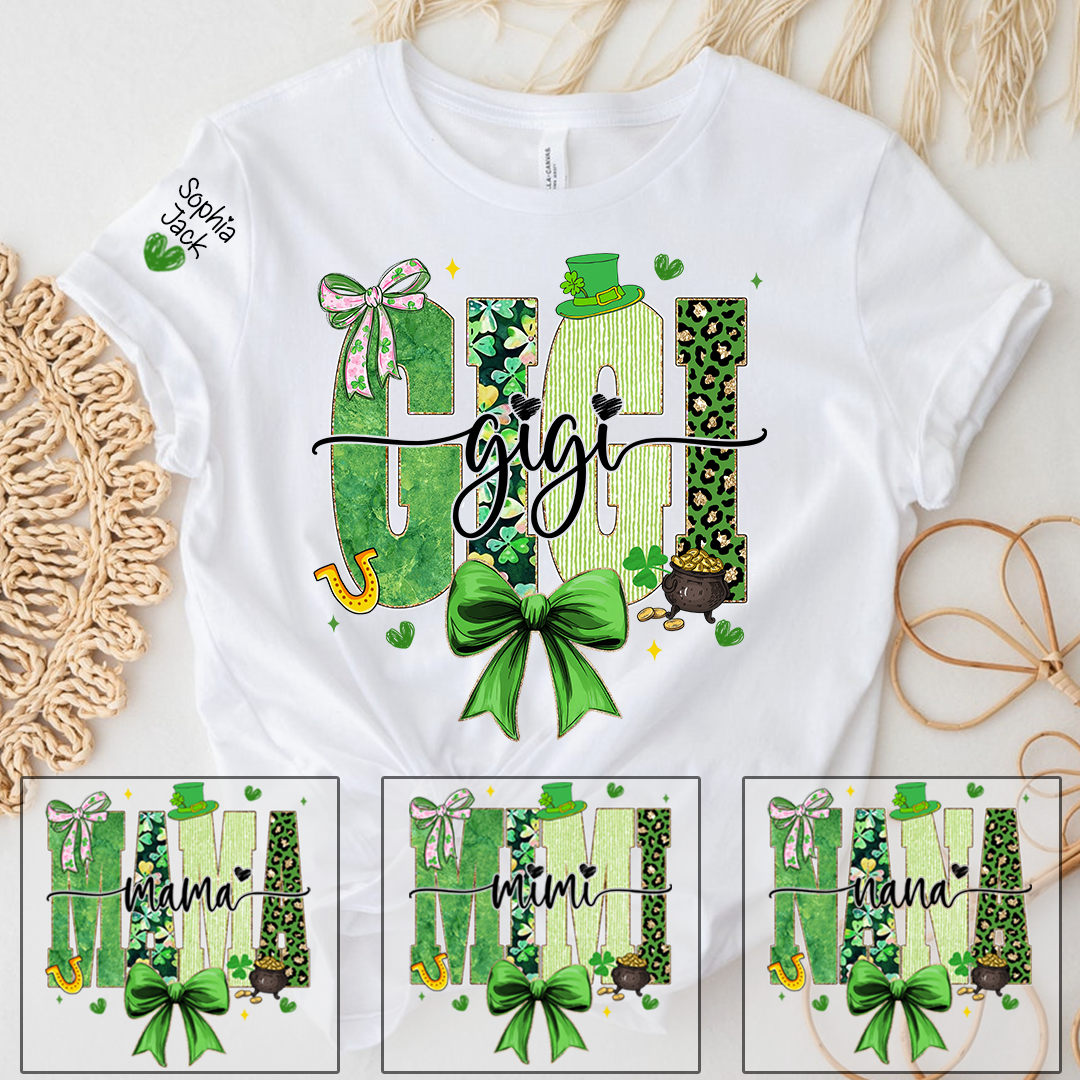 Gigi St Patrick’s Day Shirt, Green Shamrock Bow Family T Shirt, For Gift Gigi And Kids