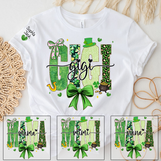 Gigi St Patrick’s Day Shirt, Green Shamrock Bow Family T Shirt, For Gift Gigi And Kids