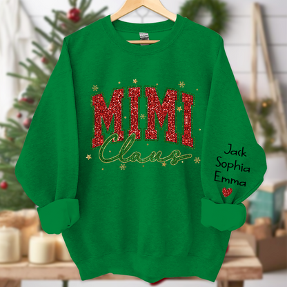 Personalized Mimi Claus Glitter Sweatshirt - Custom Christmas Sweater with Grandkids' Names - Festive Holiday Apparel for Grandmas