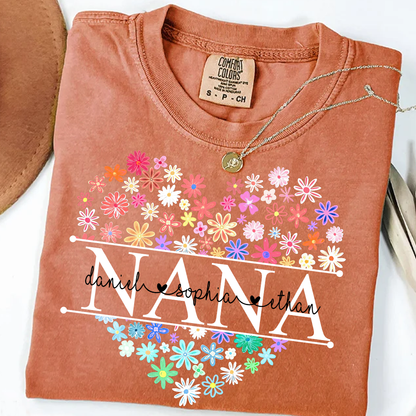 Comfort Colors Personalized Nana Flower Heart Shirt, Custom Grandma Nickname Tee With Kids Names, Mimi Gigi Grandma Floral Heart Design Family Grandkids Name Shirt Mothers Day Grandma Apparel