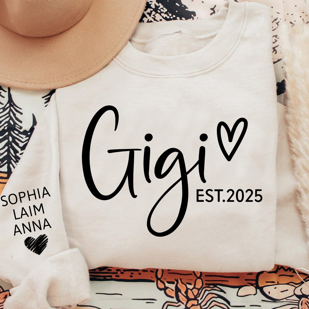 Personalized Gigi Est Heart Sweater, Gift for Grandma and Kids, Unique Gift for Grandma and Family