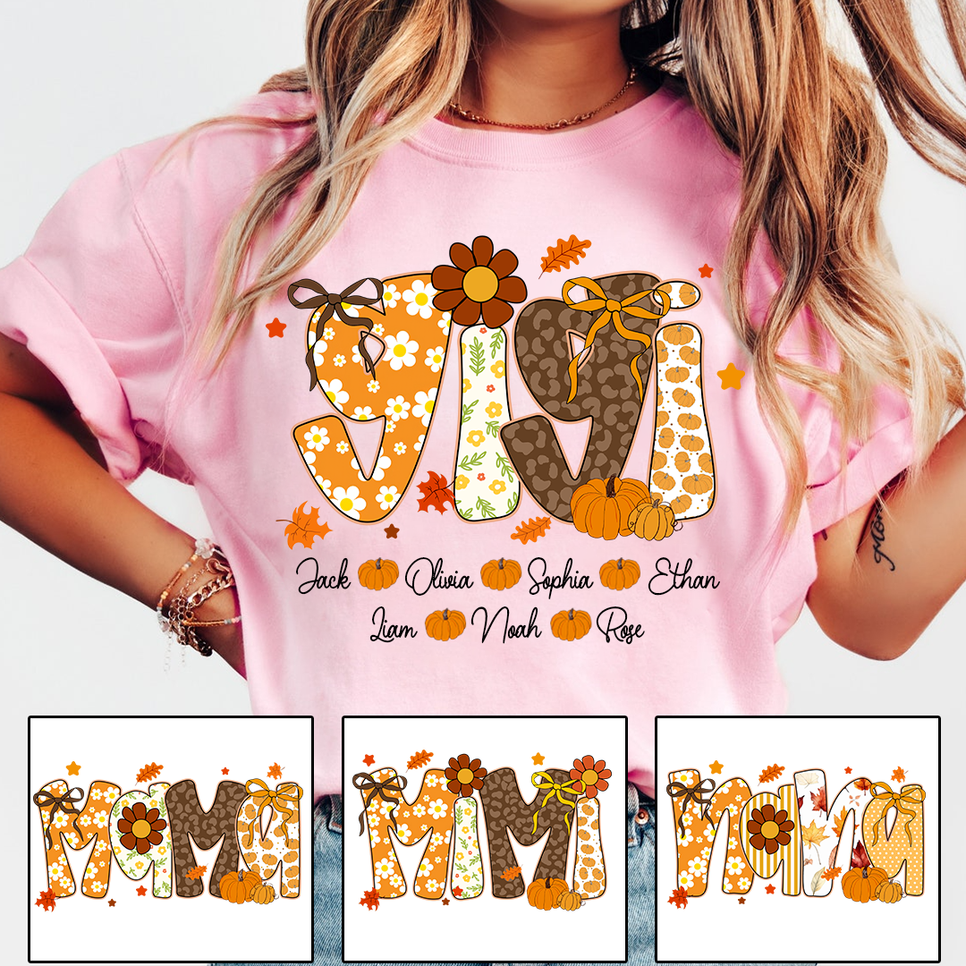 Personalized Pumkin Grandma TShirt, Custom Gigi Nickname with Kids’ Names