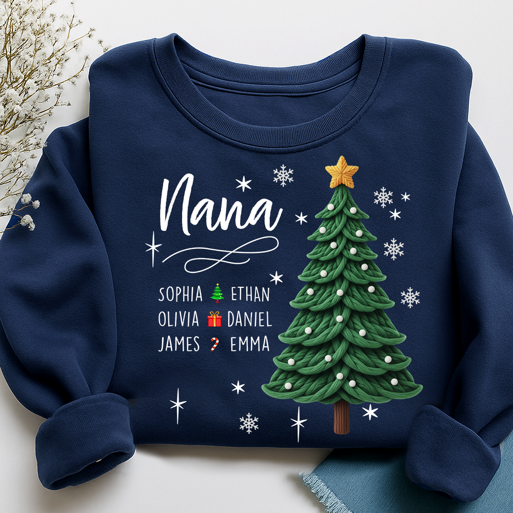 Nana Christmas Sweatshirt with Grandkids’ Names, Cute Tree Holiday Gift