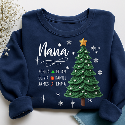 Nana Christmas Sweatshirt with Grandkids’ Names, Cute Tree Holiday Gift
