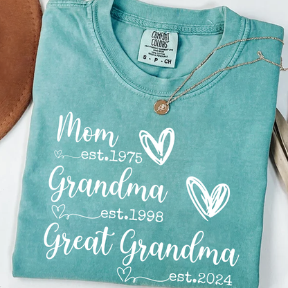 Personalized Grandma Shirt Mom Grandma Great Grandma Est Year Design, Custom Family Generation Shirt With Names or Years, Meaningful Family Keepsake Apparel for Women