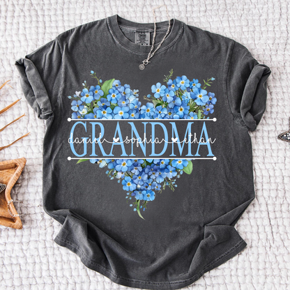 Comfort Mimi Blue Floral Shirt with Custom Grandchildren Names, Heart Family Tee