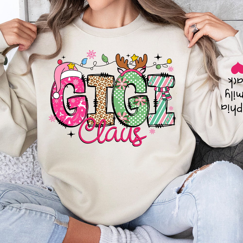 Personalized Grandma Sweatshirt, Merry Christmas Design with Grandchild's Name on Sleeve