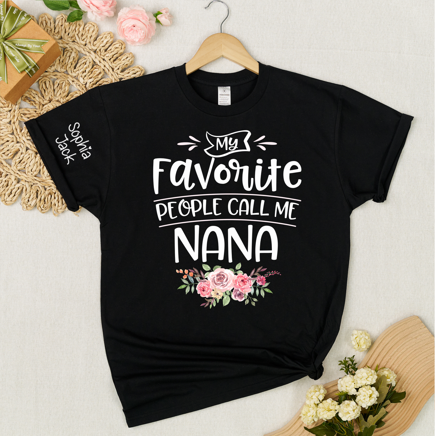 My Favorite People Call Me Nana Shirt with Custom Names on Sleeve, Floral Nana T Shirt for Women, Meaningful Family Present for Grandma from Grandkids