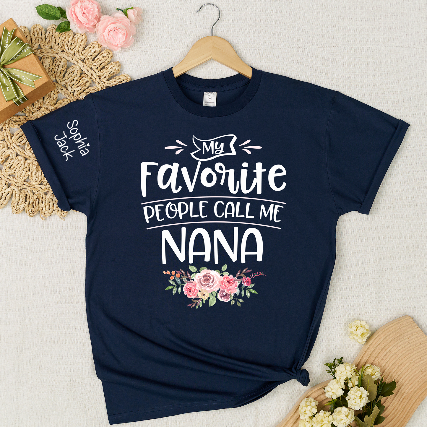 My Favorite People Call Me Nana Shirt with Custom Names on Sleeve, Floral Nana T Shirt for Women, Meaningful Family Present for Grandma from Grandkids