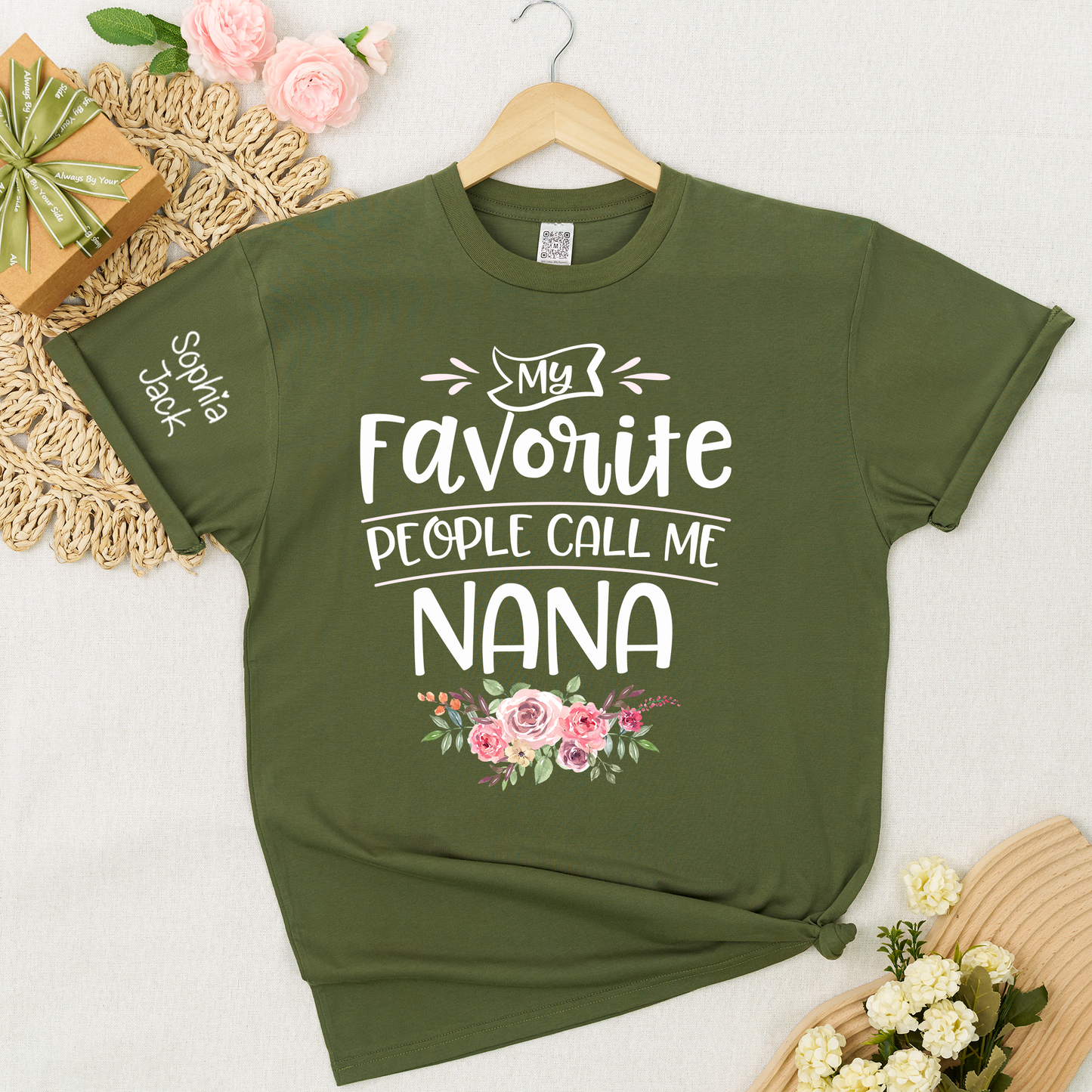 My Favorite People Call Me Nana Shirt with Custom Names on Sleeve, Floral Nana T Shirt for Women, Meaningful Family Present for Grandma from Grandkids