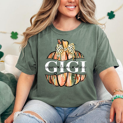 Comfort Colors® Personalized Gigi Pumpkin T-Shirt with Grandkids’ Names, Custom Fall Leopard Bow Tee for Grandma