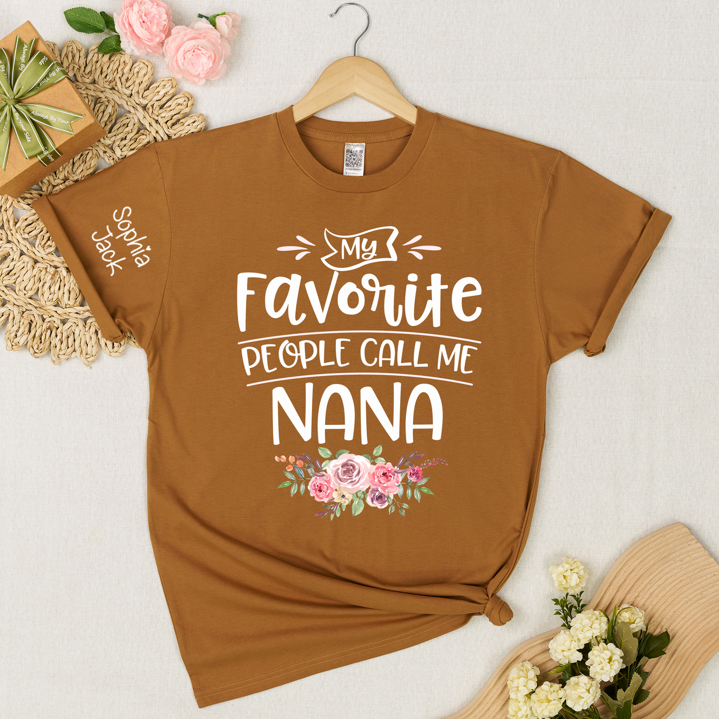 My Favorite People Call Me Nana Shirt with Custom Names on Sleeve, Floral Nana T Shirt for Women, Meaningful Family Present for Grandma from Grandkids