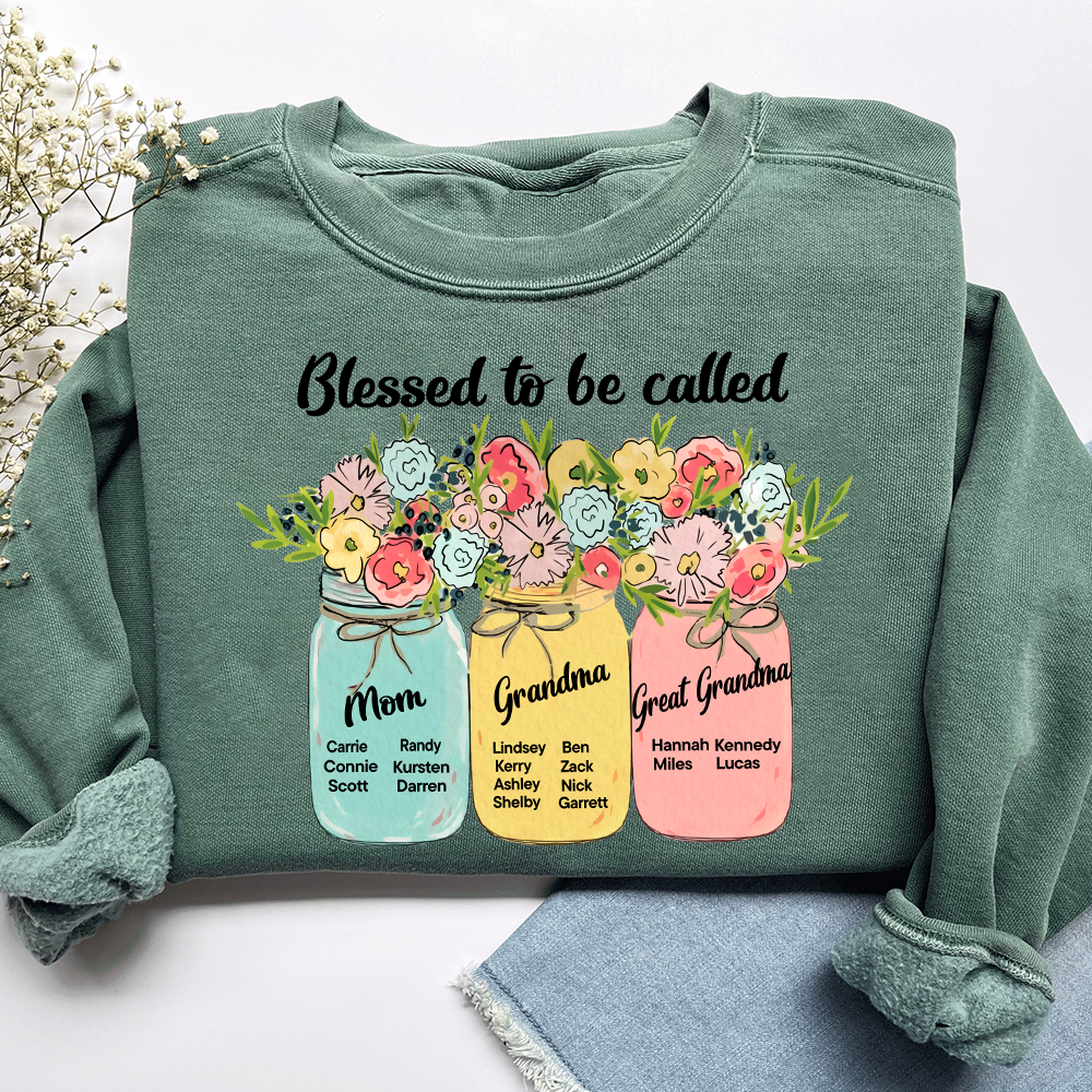 Personalized Blessed to Be Called Mom Grandma Great Grandma Sweatshirt – Custom Family Name Flowers Gift