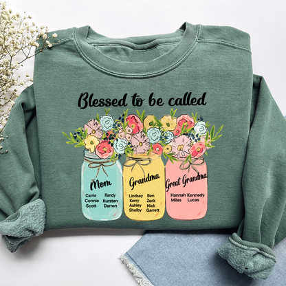 Personalized Blessed to Be Called Mom Grandma Great Grandma Sweatshirt – Custom Family Name Flowers Gift
