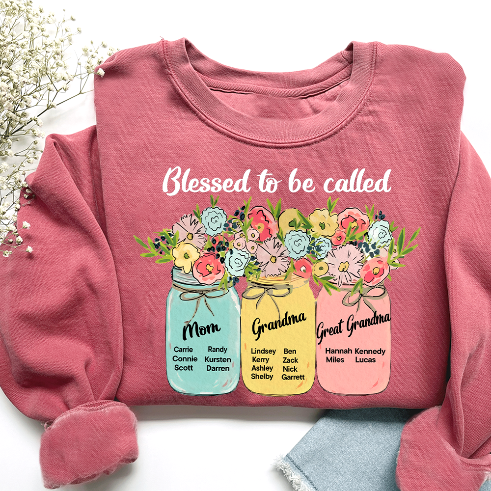 Personalized Blessed to Be Called Mom Grandma Great Grandma Sweatshirt – Custom Family Name Flowers Gift